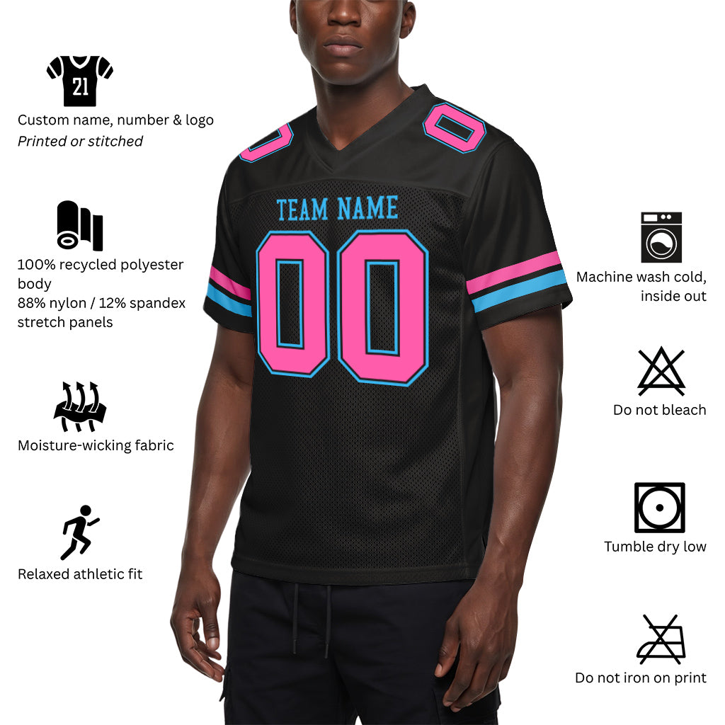 Custom Black Pink-Sky Blue Mesh Football Jersey