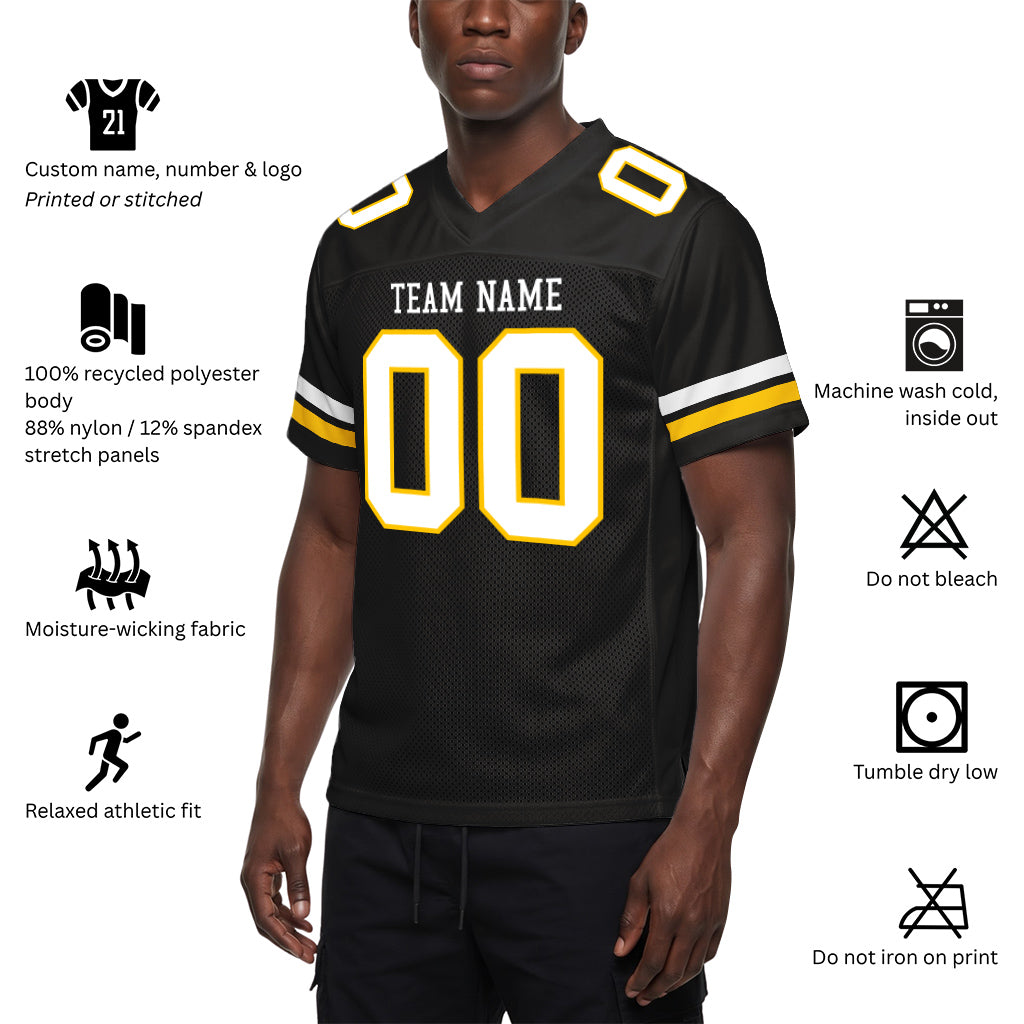 Custom Black White-Gold Mesh Football Jersey
