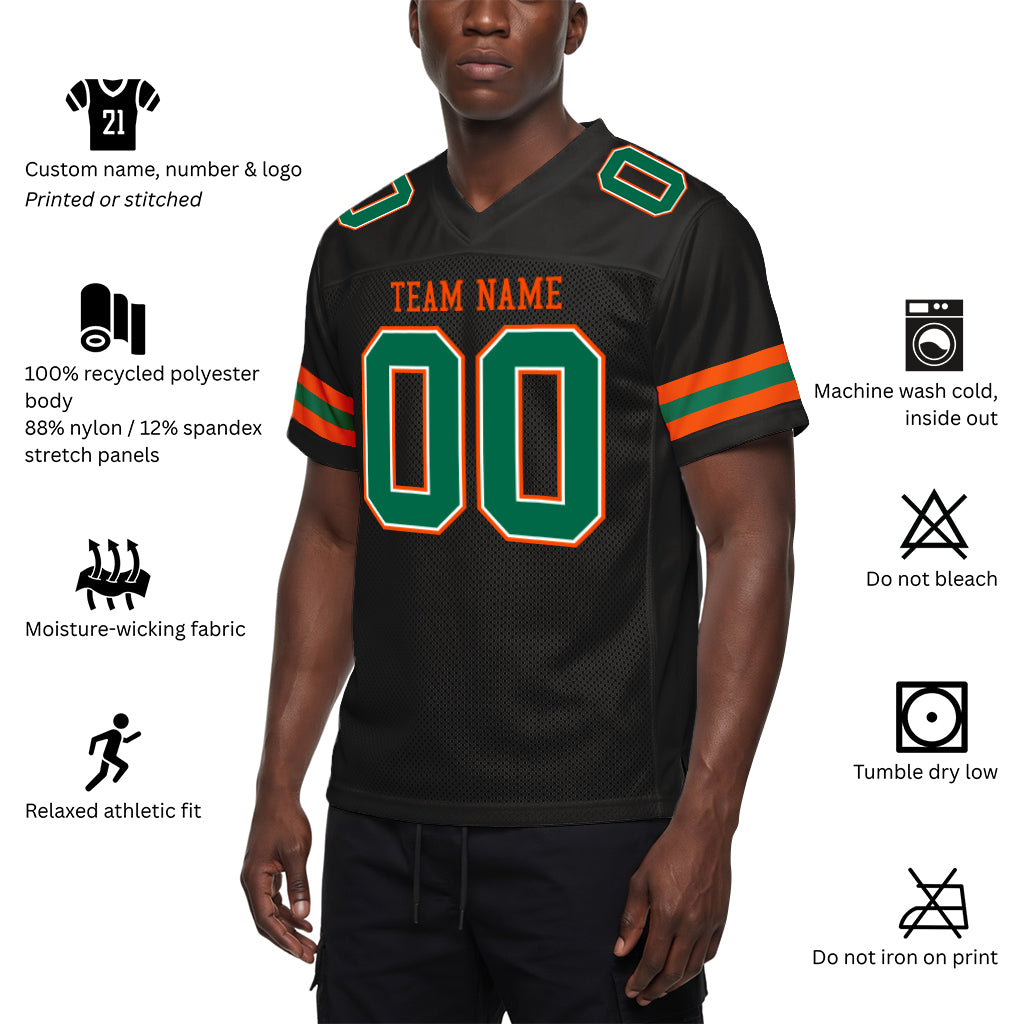 Custom Black Kelly Green-Orange Mesh Football Jersey