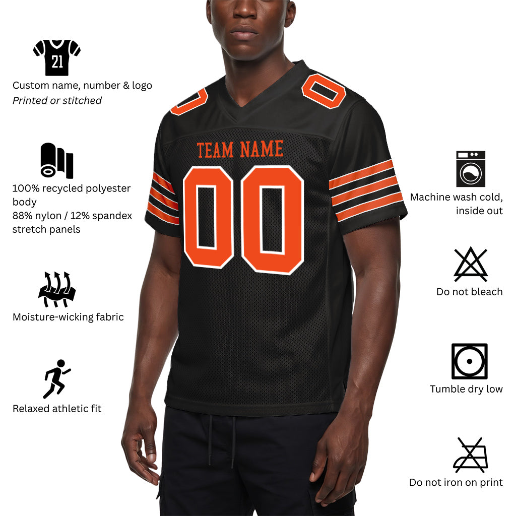 Custom Black Orange-White Custom Name Mesh Football Jersey