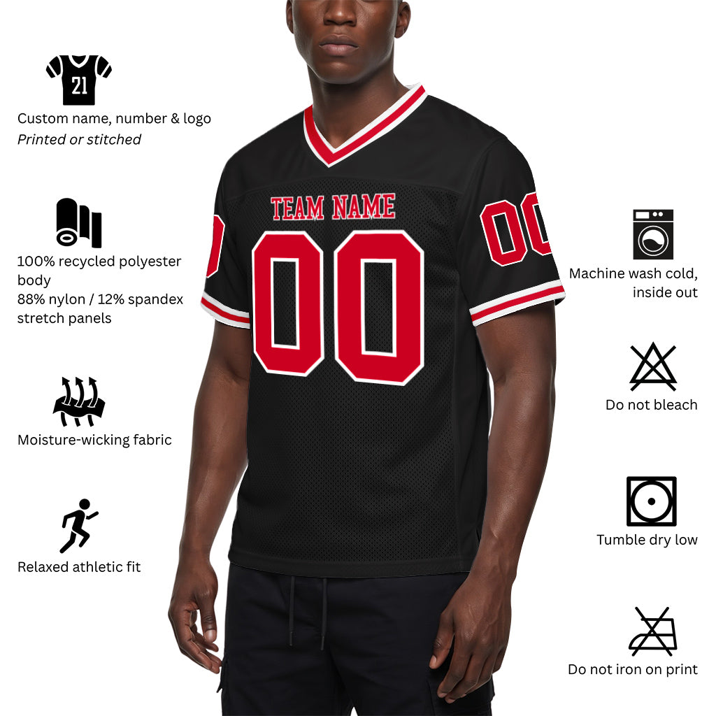 Custom Black Red-White Mesh Football Jersey