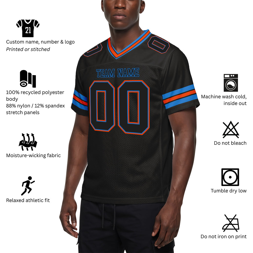 Custom Black Electric Blue-Orange Mesh Football Jersey