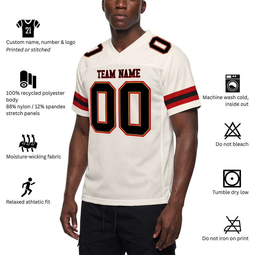 Custom Cream Black-Red Mesh Football Jersey