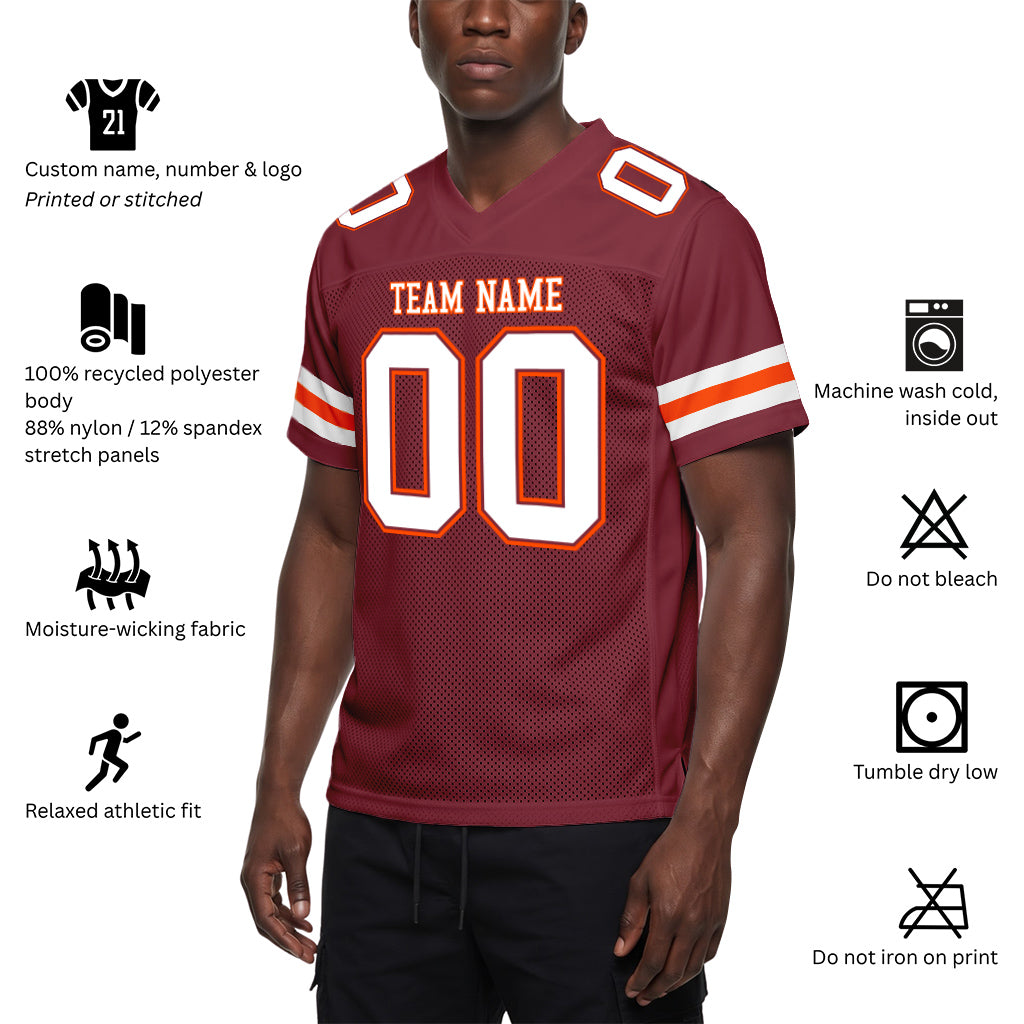 Custom Burgundy White-Orange Mesh Football Jersey