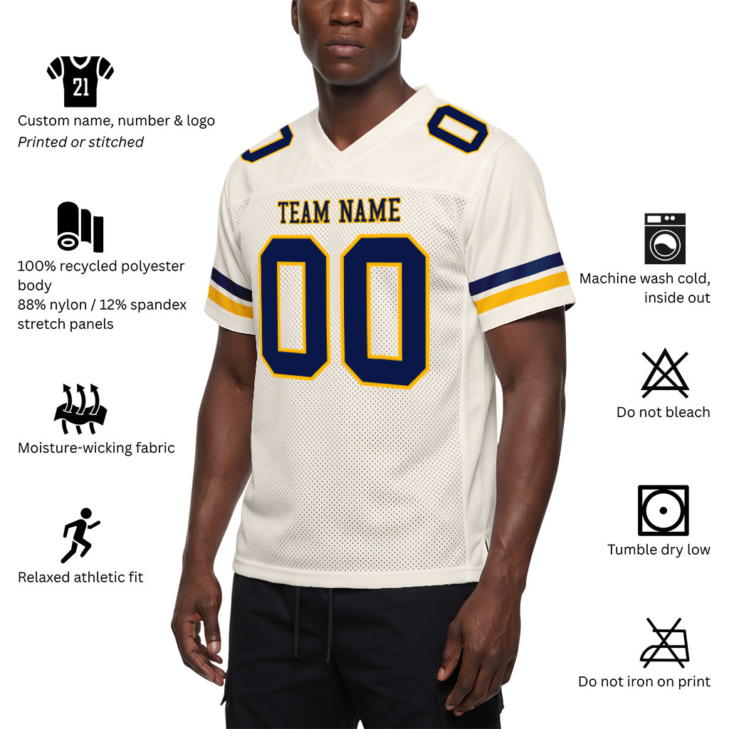 Custom Cream Navy-Gold Mesh Football Jersey