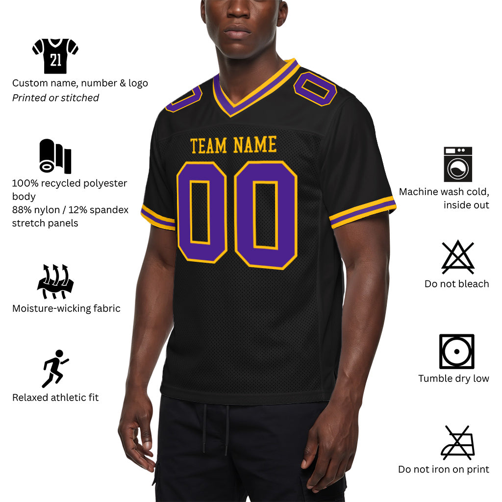 Custom Black Purple-Gold Mesh Football Jersey