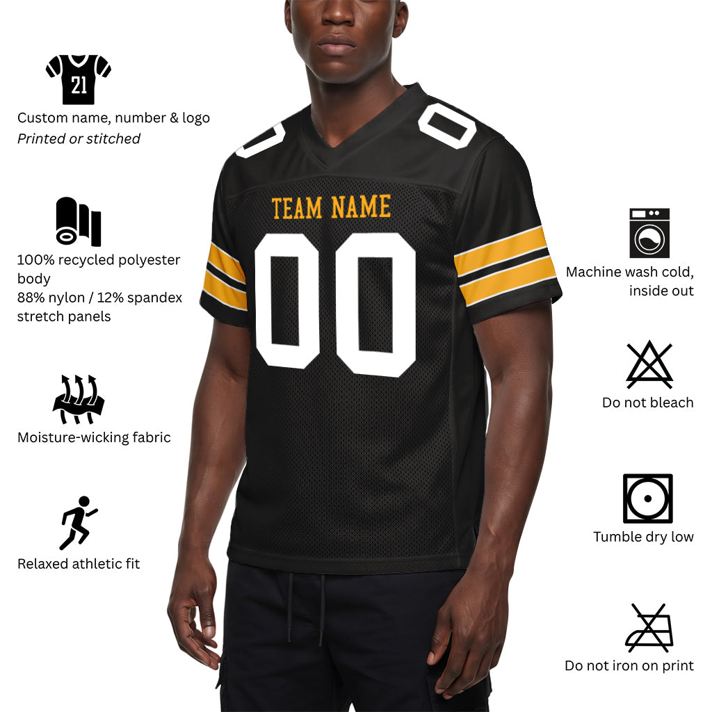 Custom Black White-Gold Mesh Football Jersey
