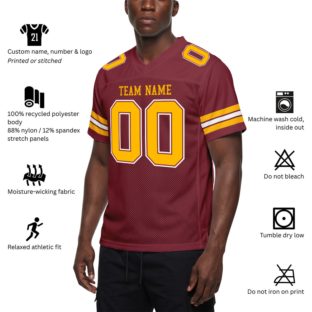 Custom Burgundy Gold-White Mesh Football Jersey