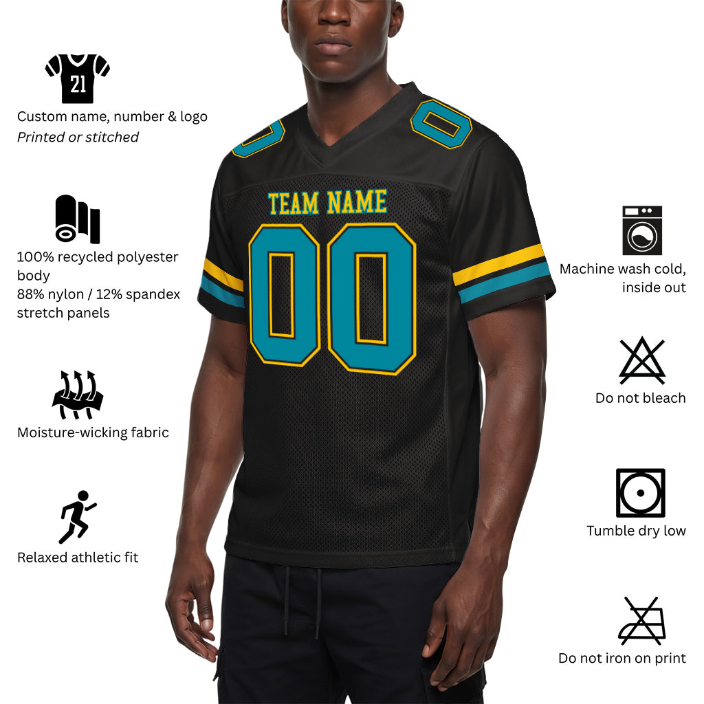 Custom Black Teal-Gold Mesh Football Jersey