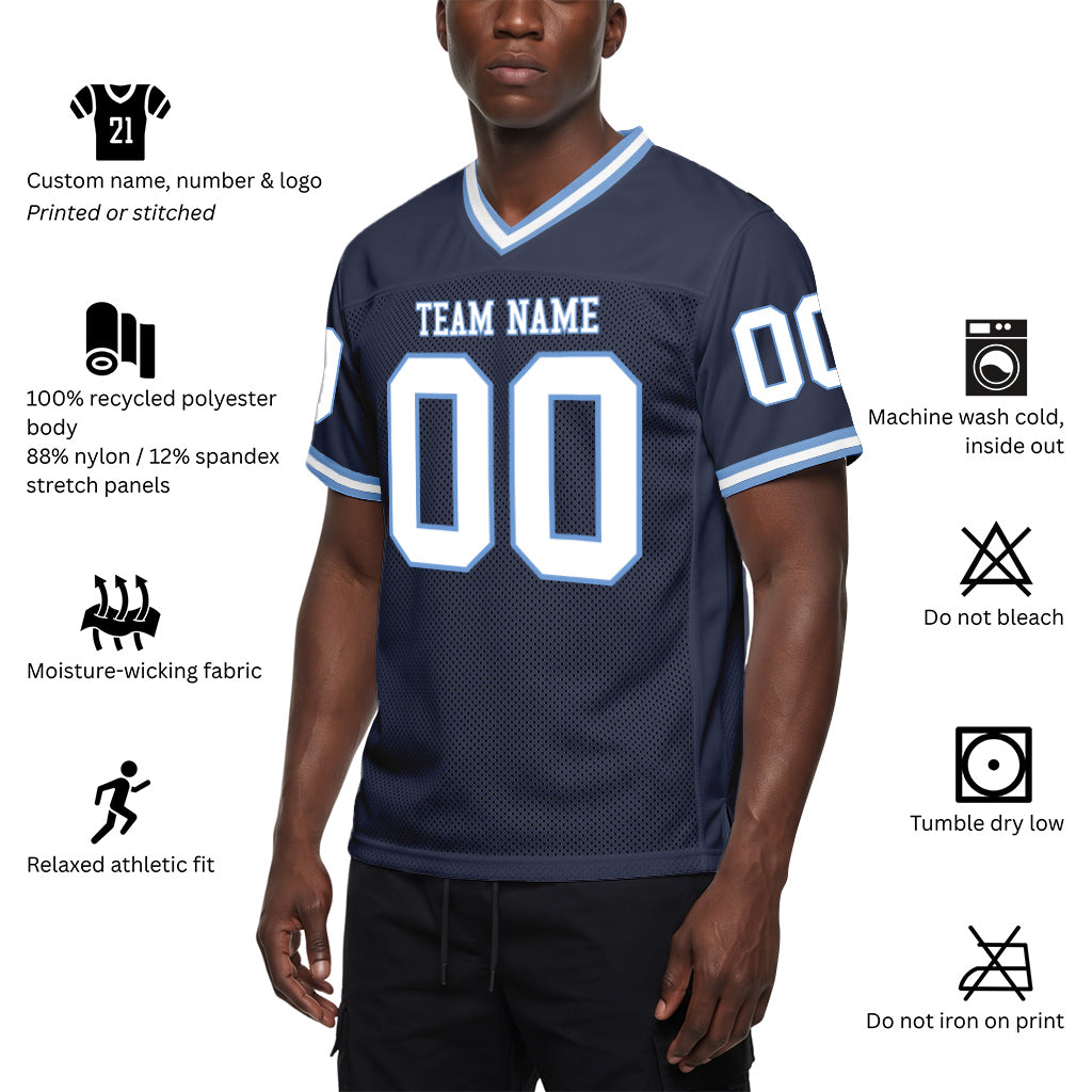 Custom Navy White-Light Blue Mesh Football Jersey