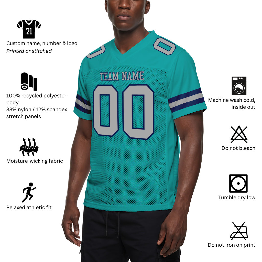 Custom Aqua Gray-Navy Mesh Football Jersey