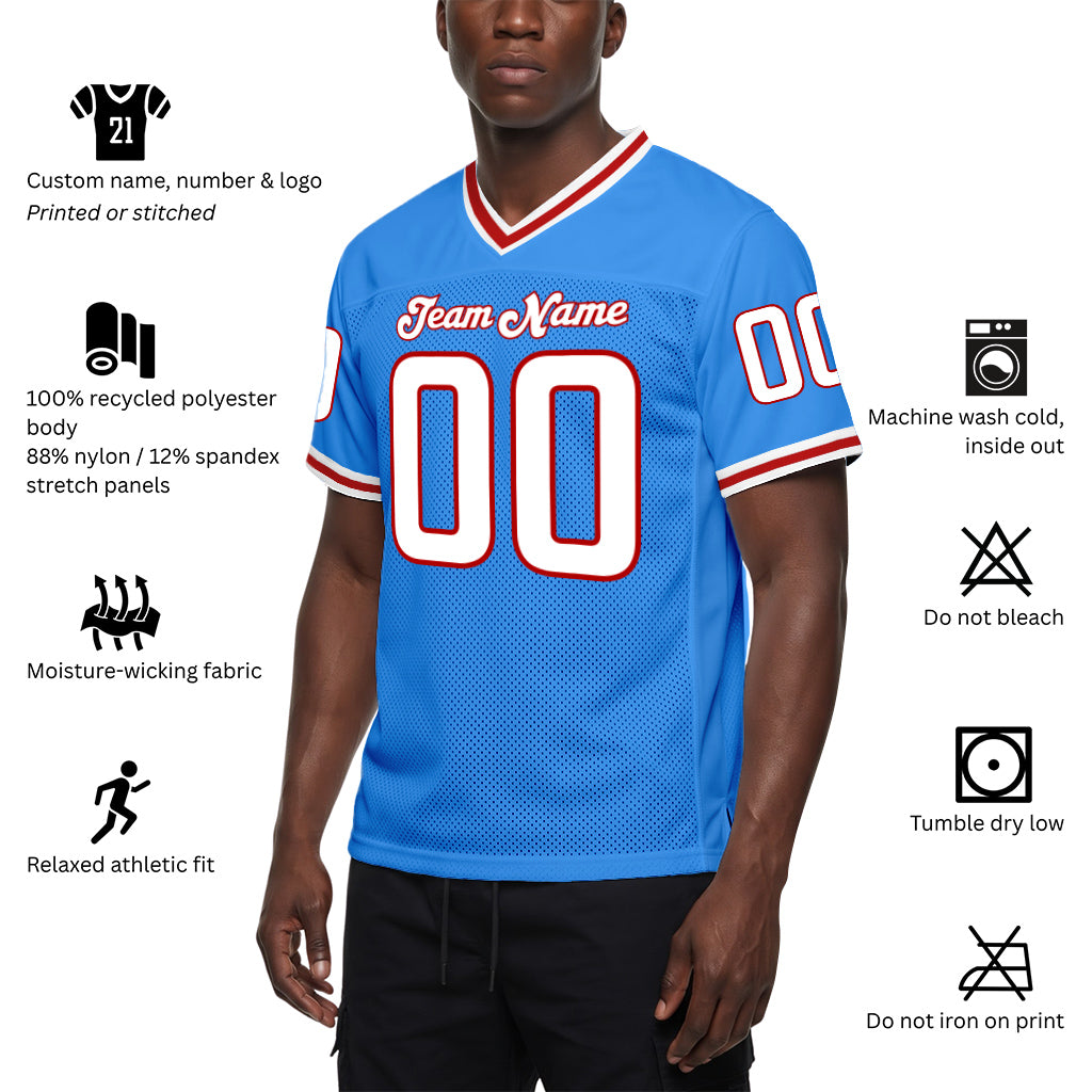 Custom Powder Blue White-Red Mesh Football Jersey