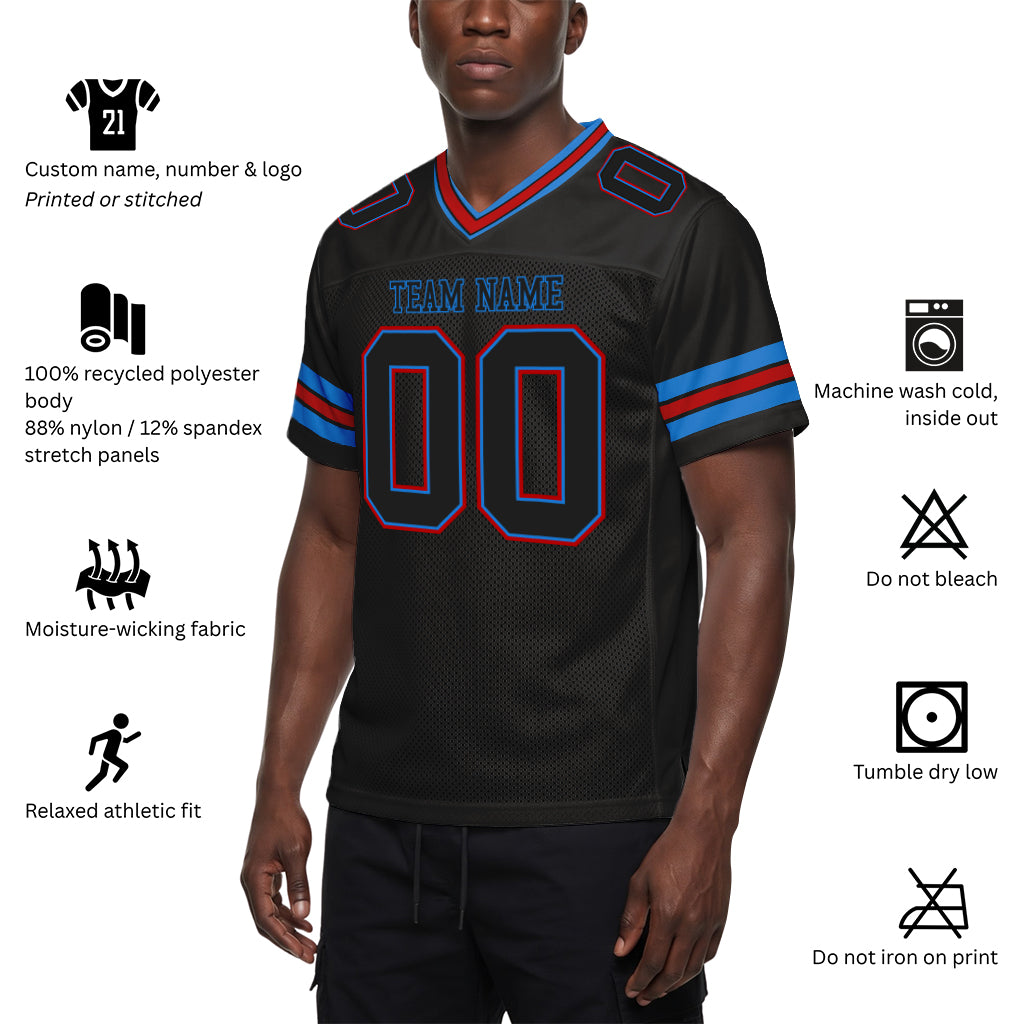 Custom Black Electric Blue-Red Mesh Football Jersey