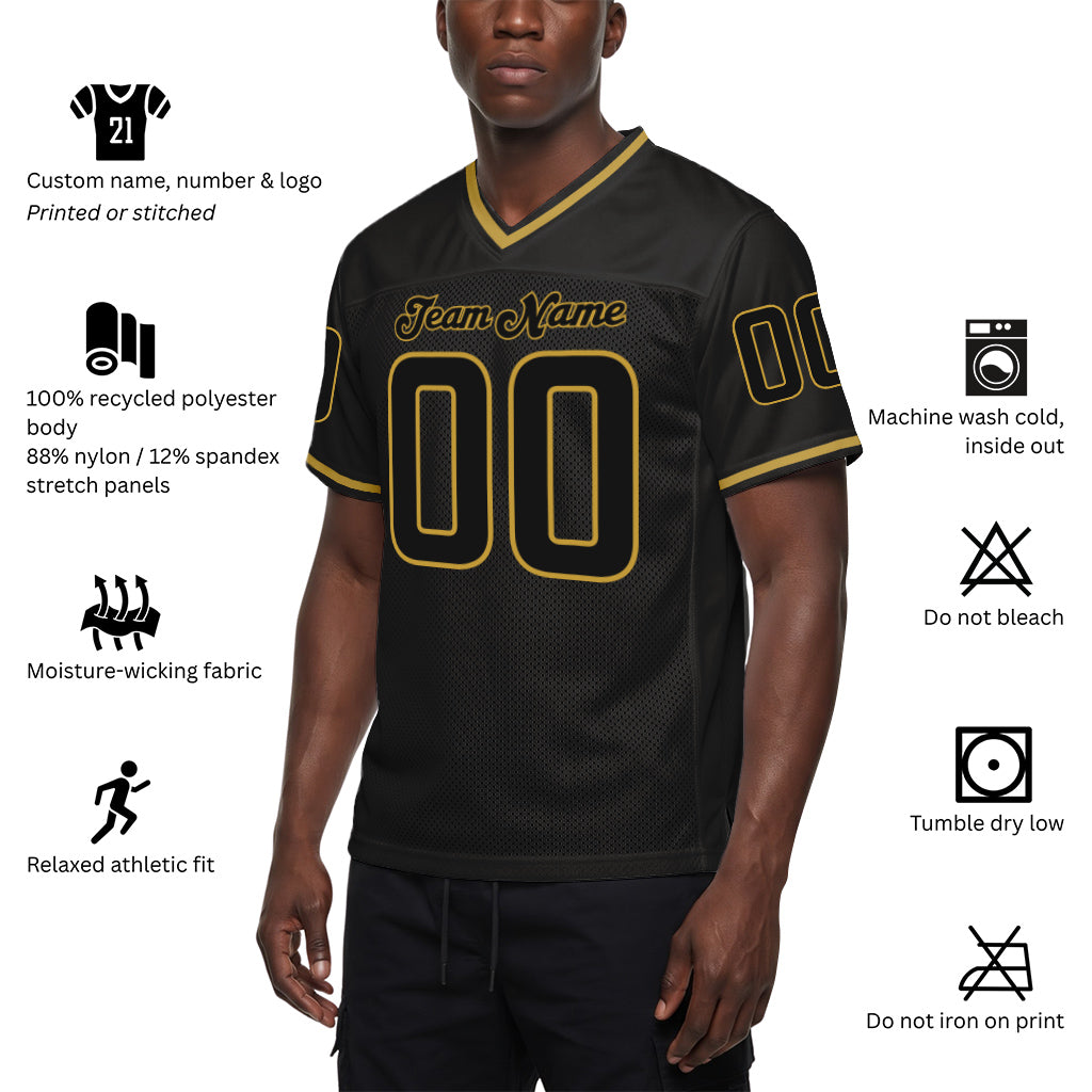 Custom Black Black-Old Gold Mesh Throwback Mesh Football Jersey