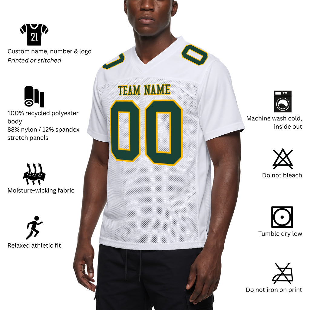 Custom White Green-Gold Mesh Football Jersey