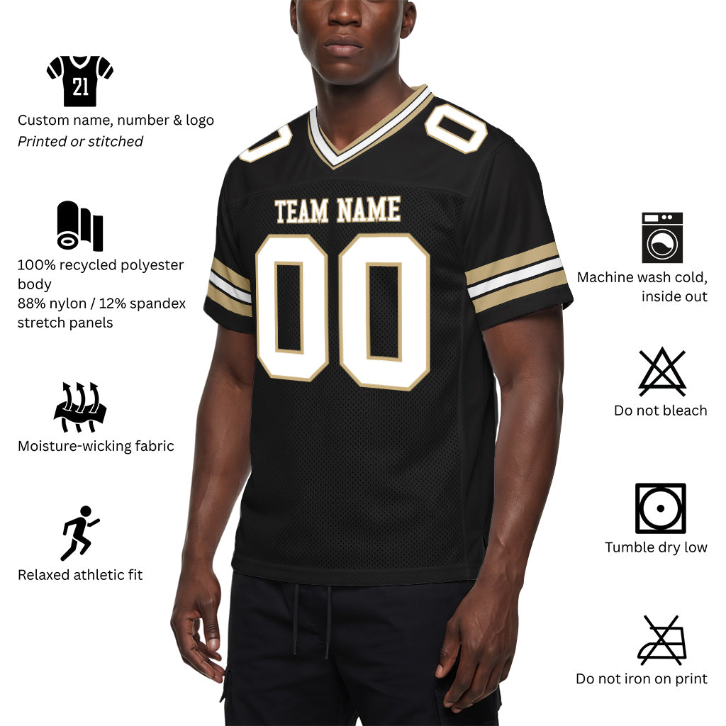 Custom Black White-Vegas Gold Mesh Football Jersey