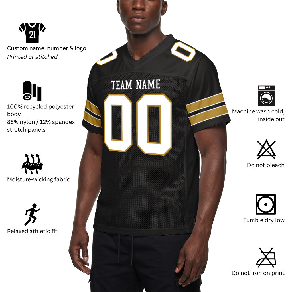Custom Black White-Old Gold Custom Name Mesh Football Jersey