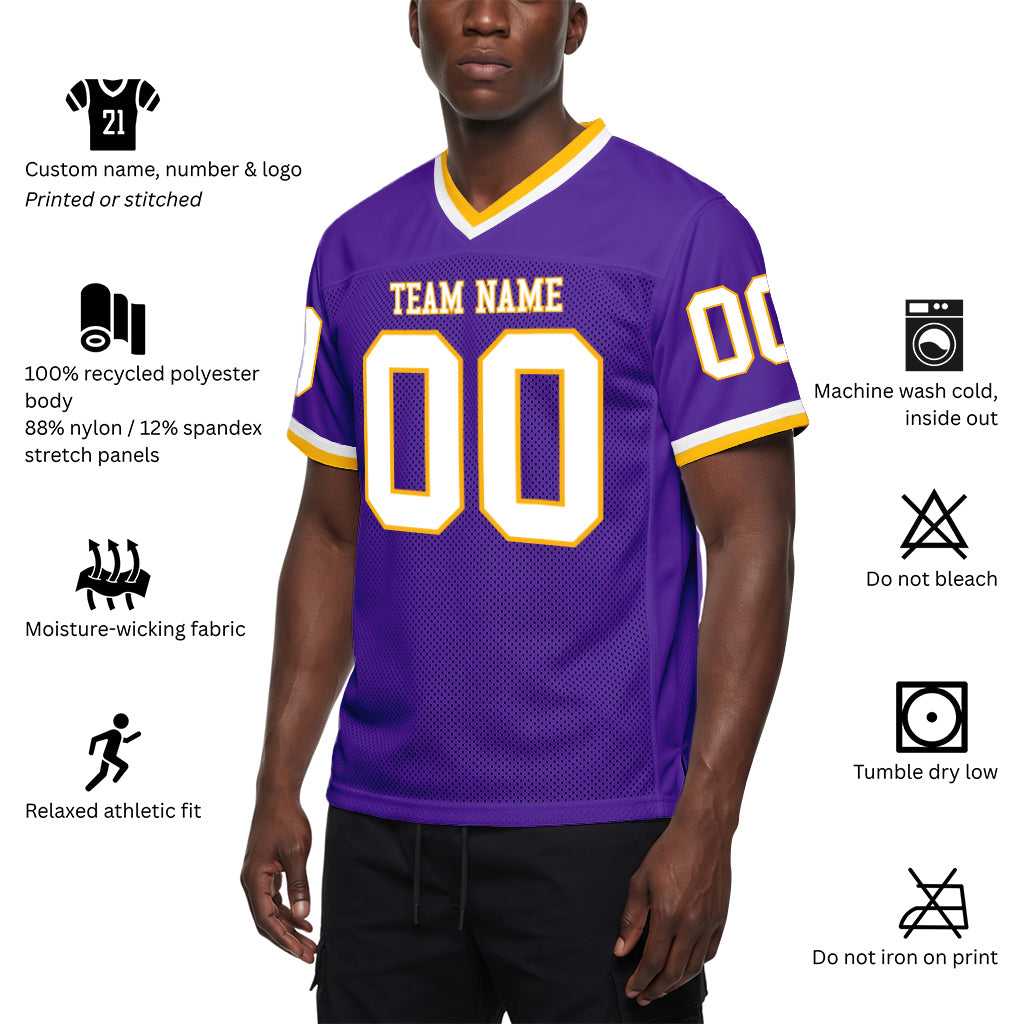Custom Purple White-Gold Mesh Football Jersey