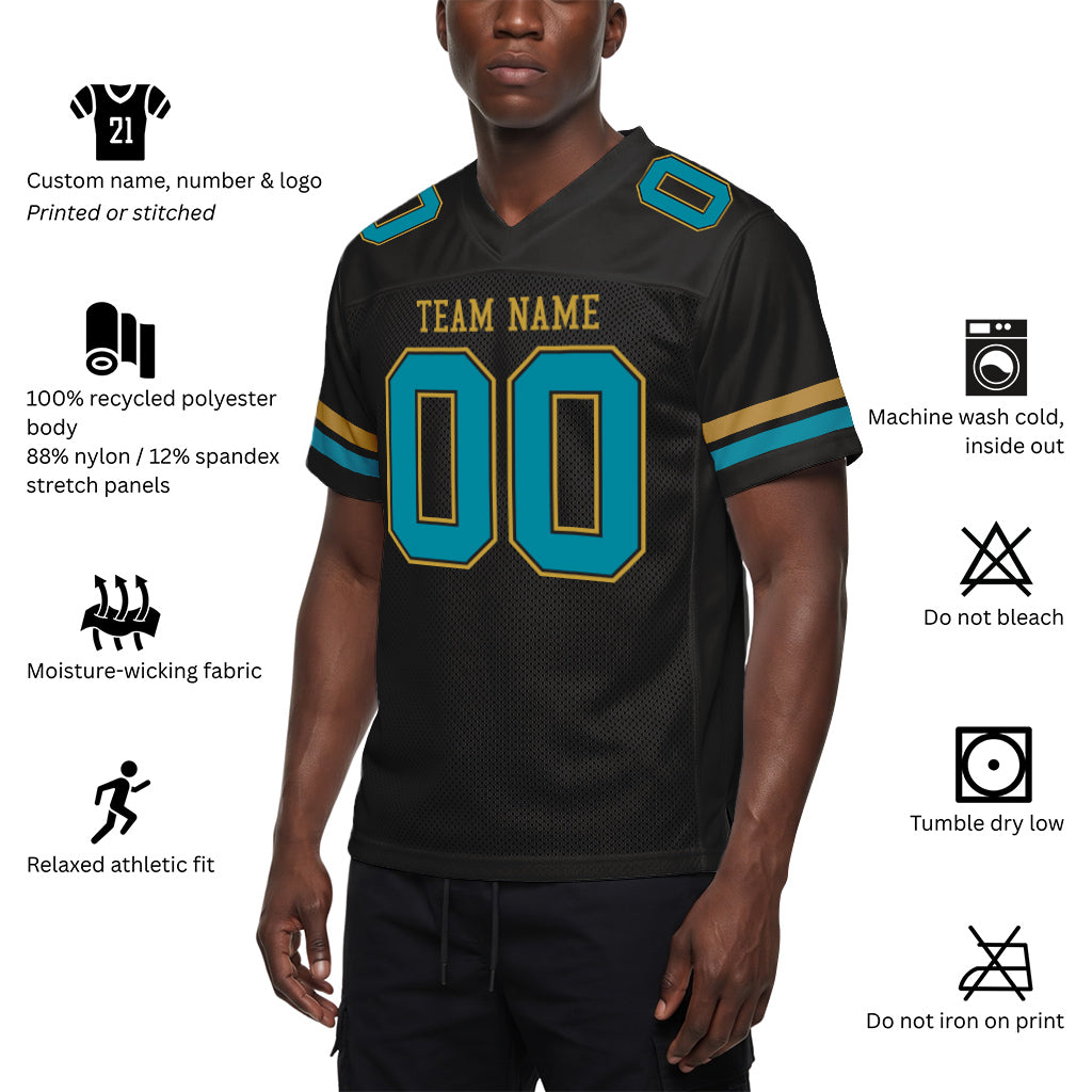 Custom Black Teal-Old Gold Mesh Football Jersey