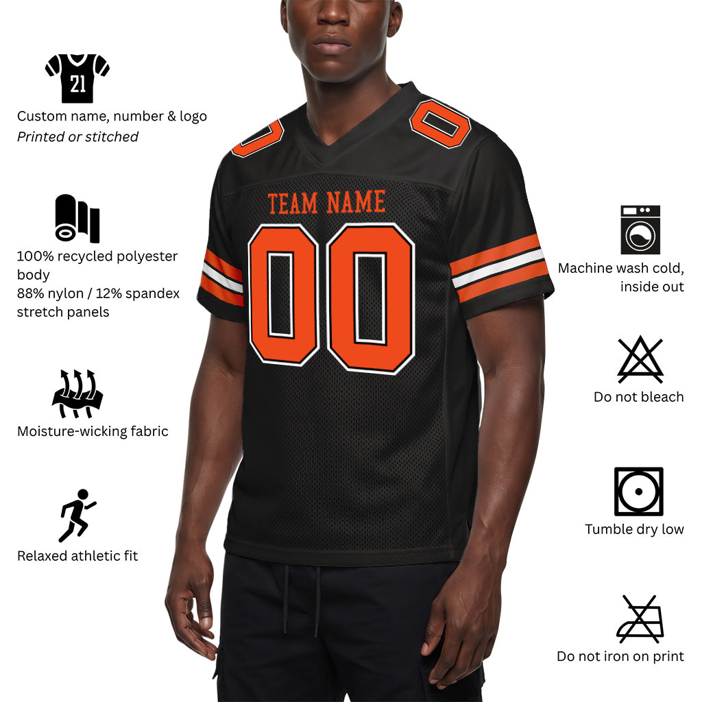 Custom Black Orange-White Custom Name Mesh Football Jersey