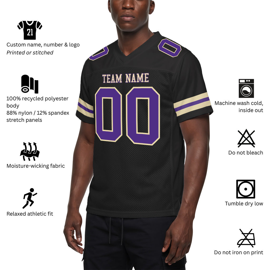 Custom Black Purple-Cream Mesh Football Jersey