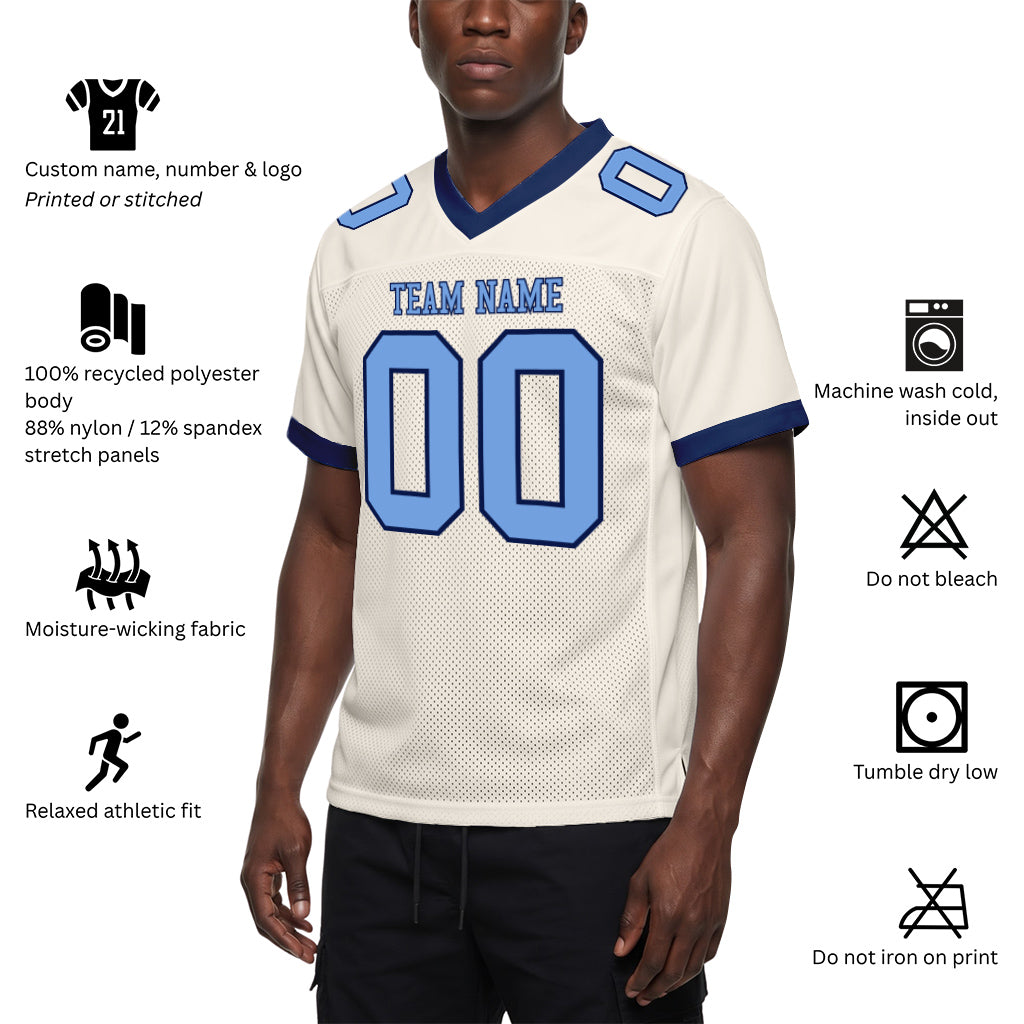 Custom Cream Light Blue-Navy Mesh Football Jersey