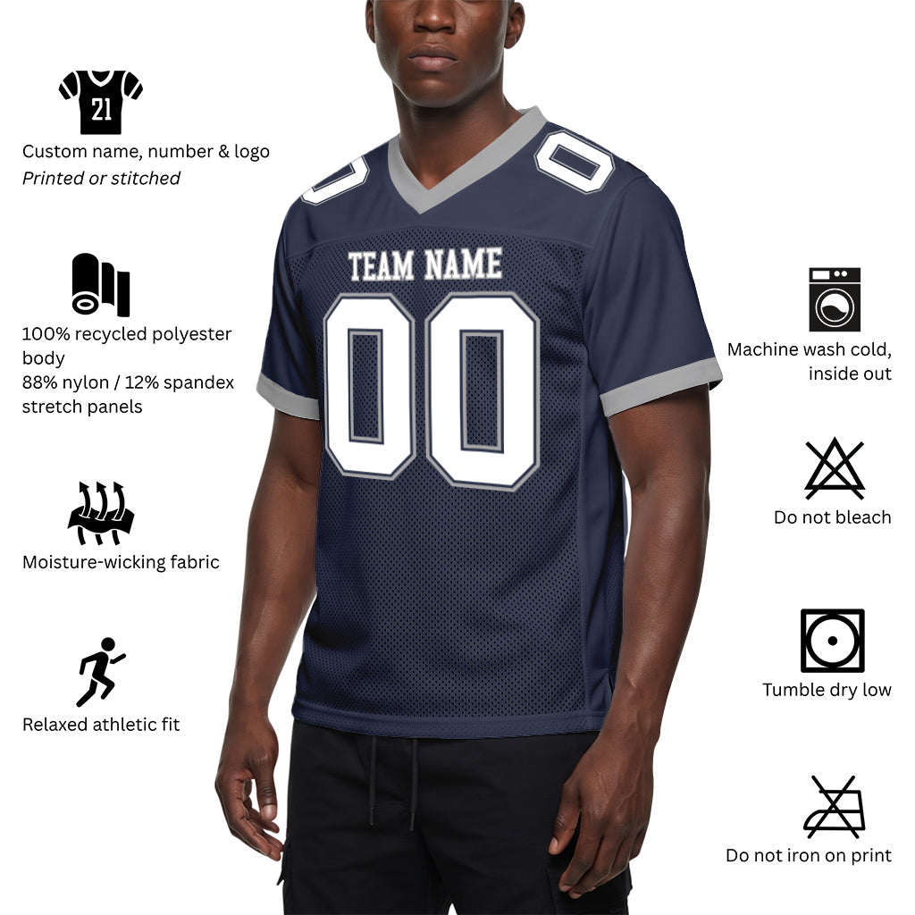 Custom Navy White-Gray Mesh Football Jersey