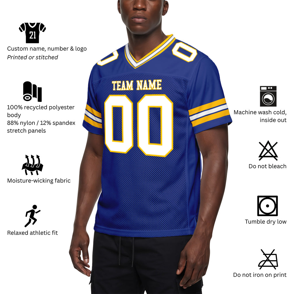 Custom Royal White-Yellow Mesh Football Jersey