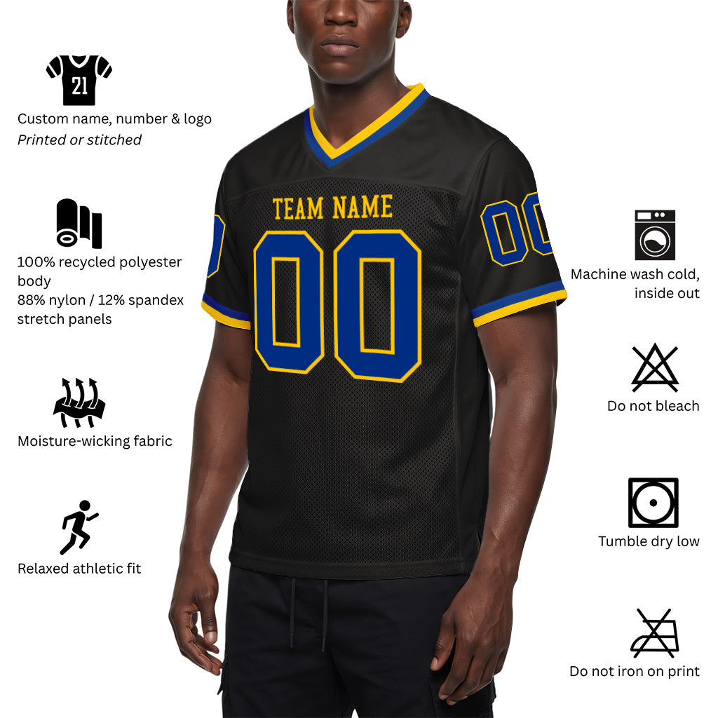 Custom Black Royal-Gold Mesh Throwback Mesh Football Jersey
