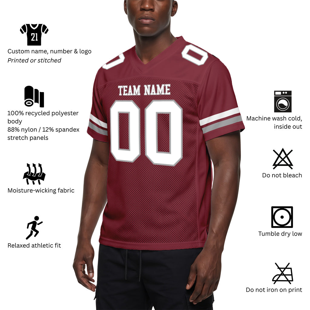Custom Burgundy White-Gray Mesh Football Jersey