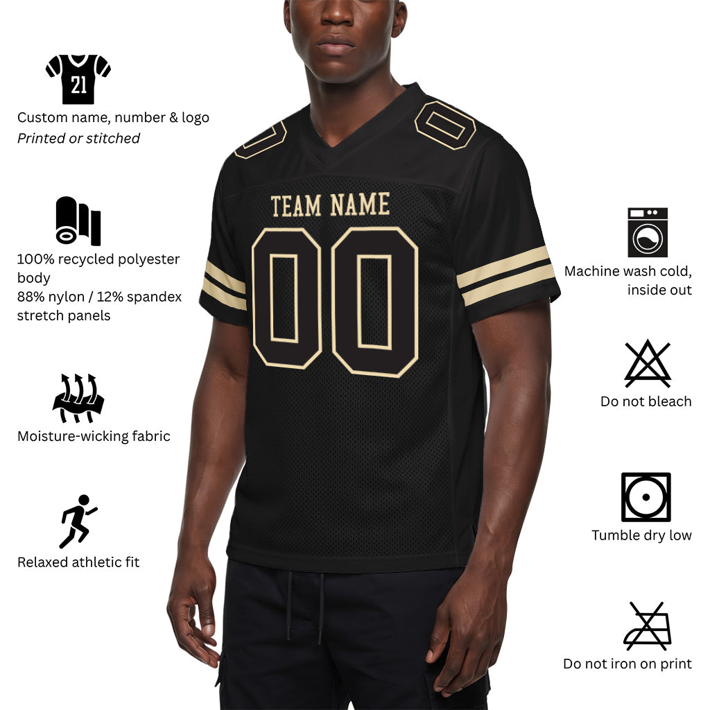 Custom Black Black-Cream Mesh Football Jersey