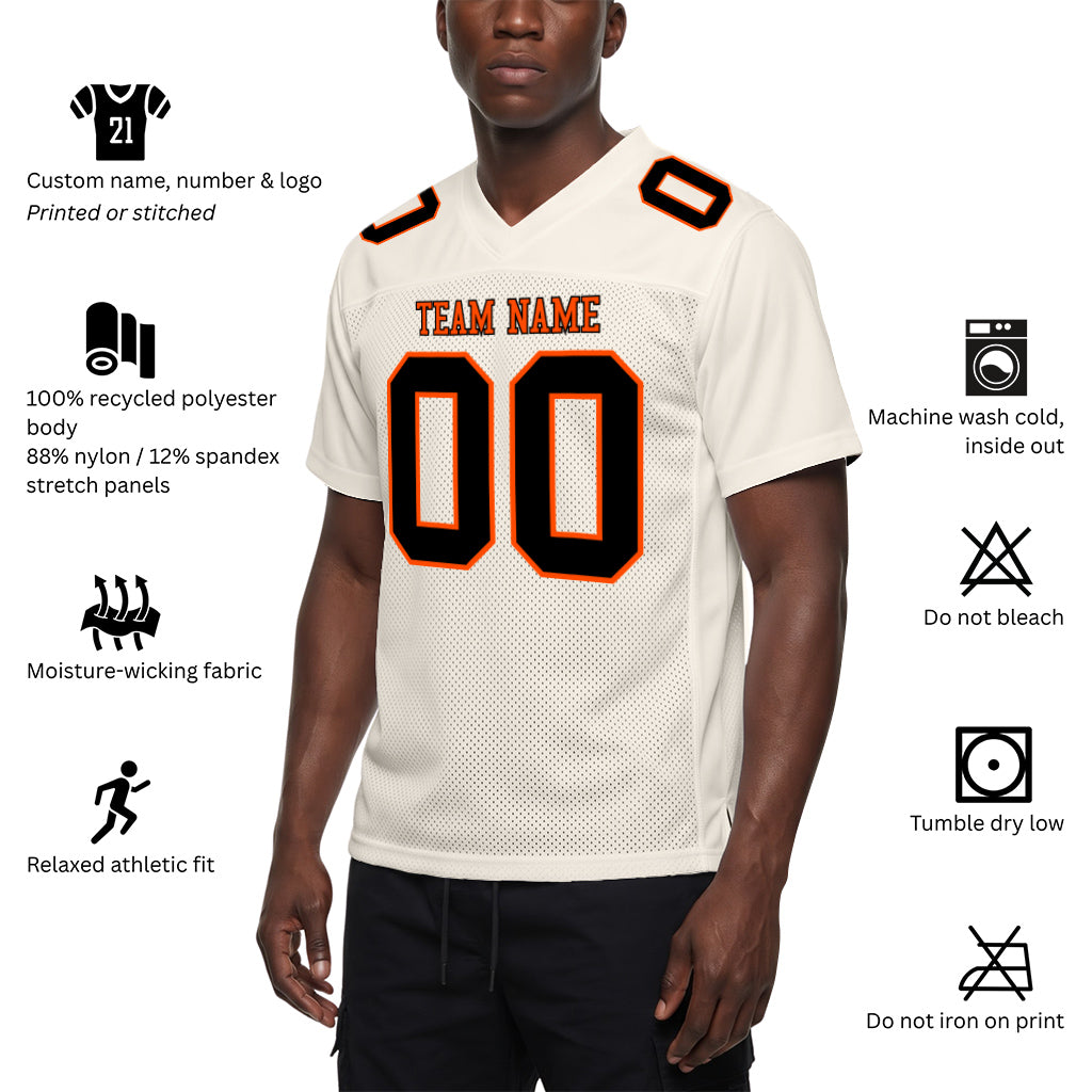 Custom Cream Black-Orange Mesh Football Jersey