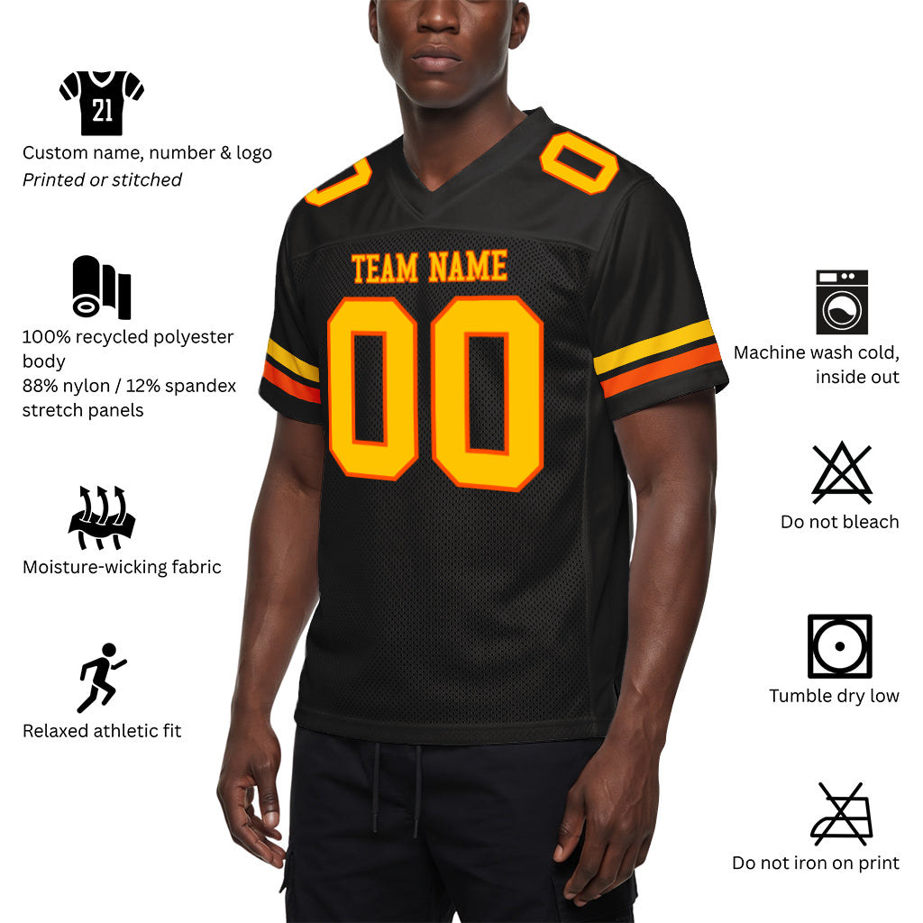 Custom Black Yellow-Orange Mesh Football Jersey