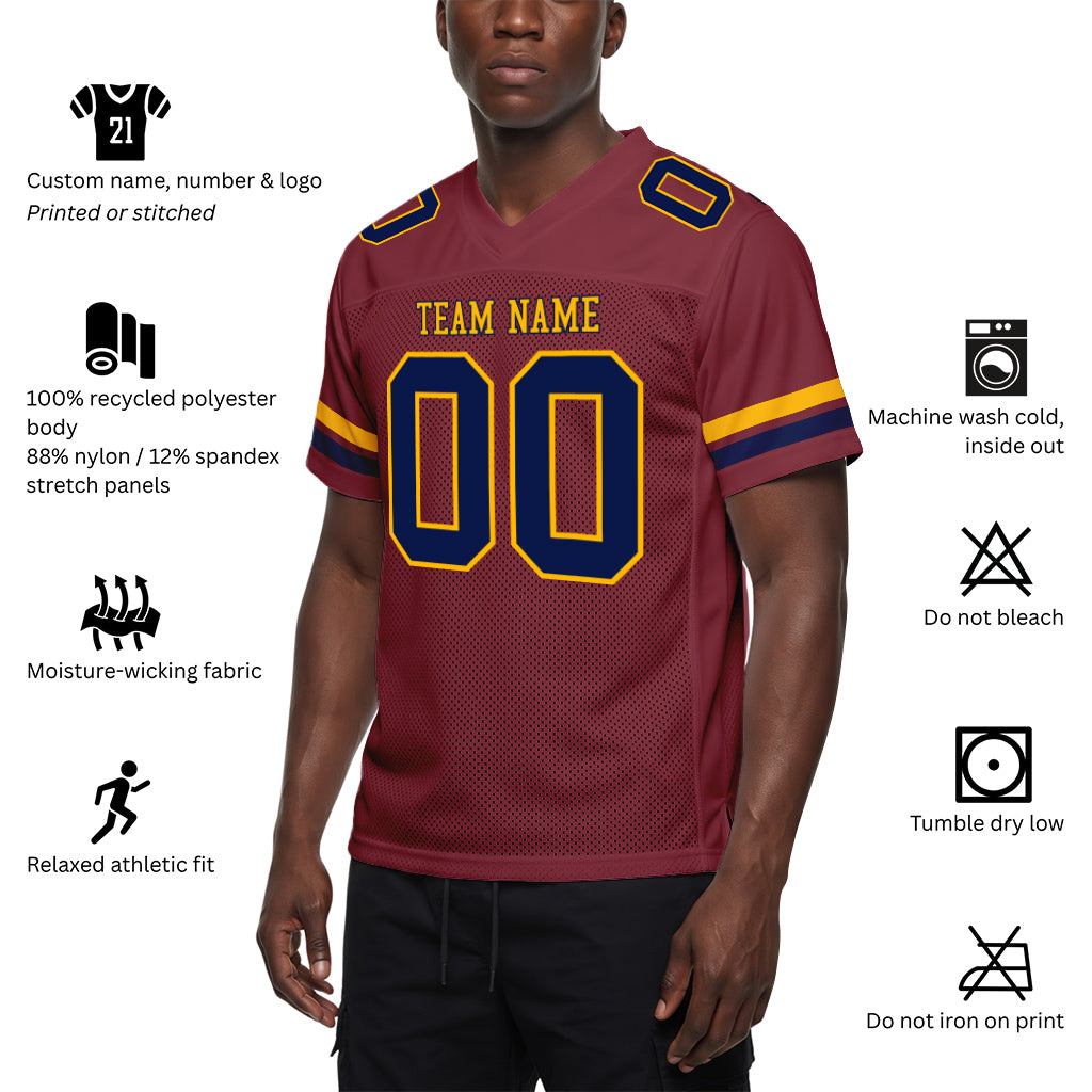 Custom Burgundy Navy-Gold Mesh Football Jersey