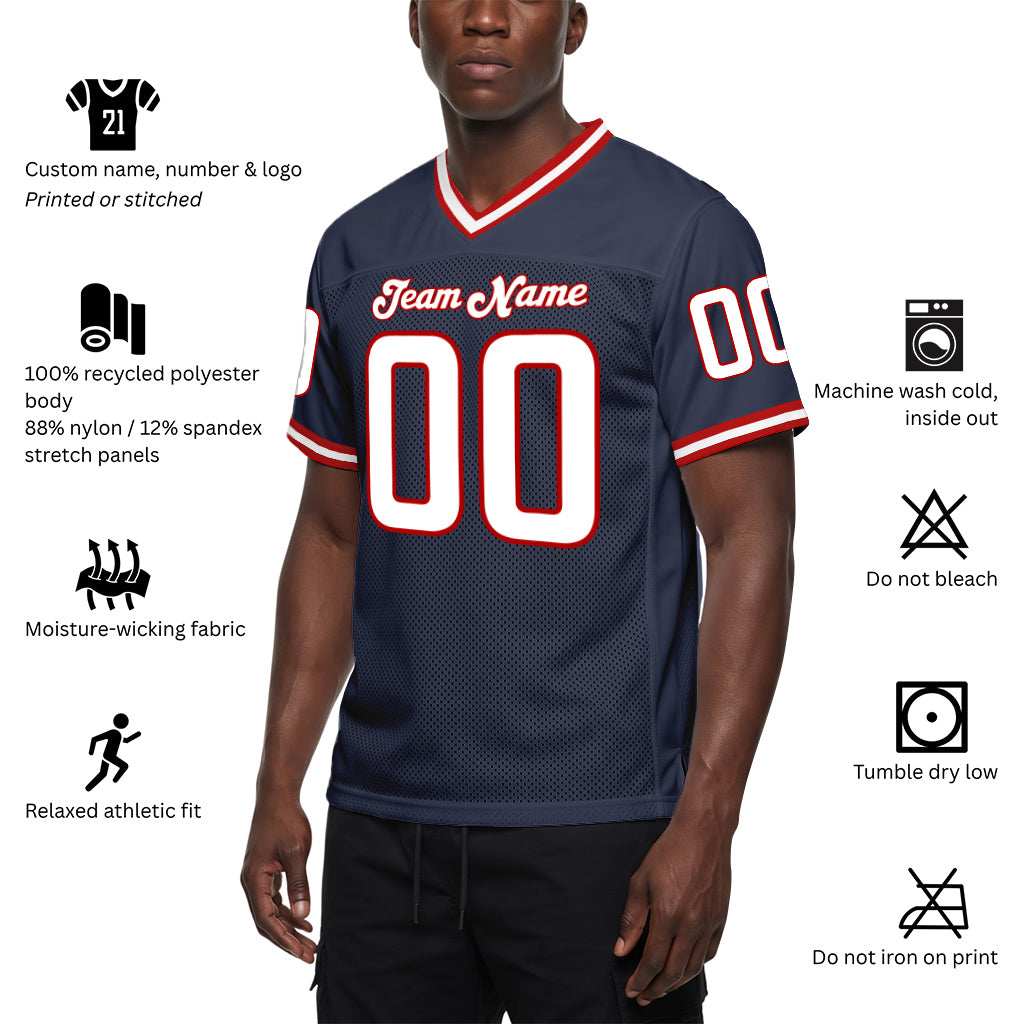 Custom Navy White-Red Mesh Football Jersey