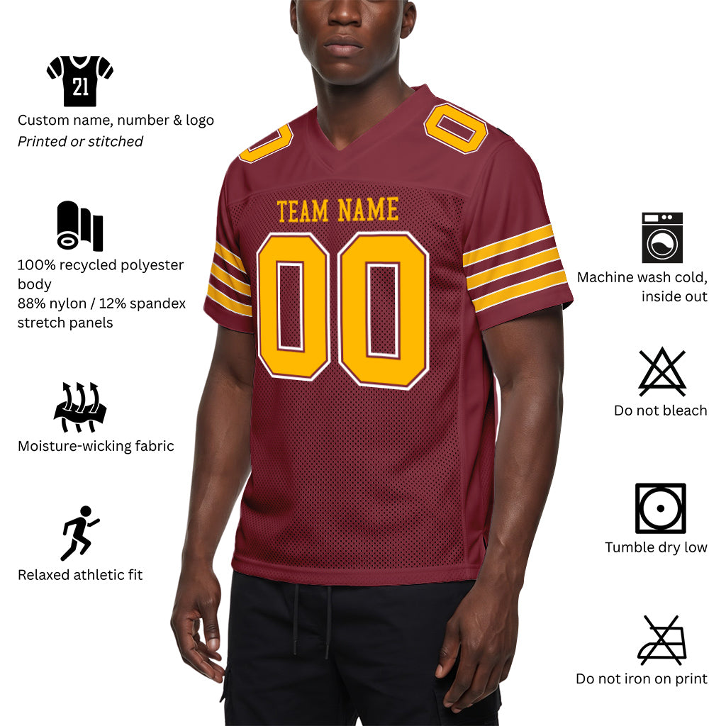 Custom Burgundy Gold-White Mesh Football Jersey