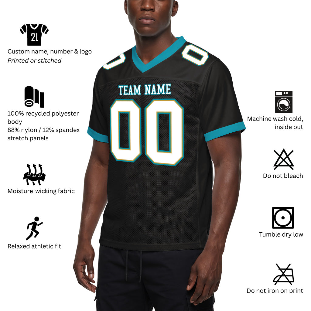 Custom Black White-Teal Mesh Football Jersey