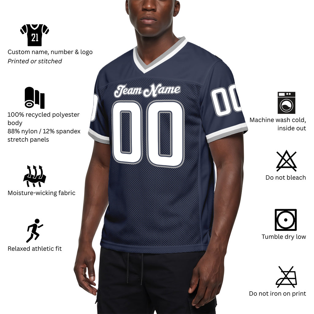 Custom Navy White-Gray Mesh Football Jersey