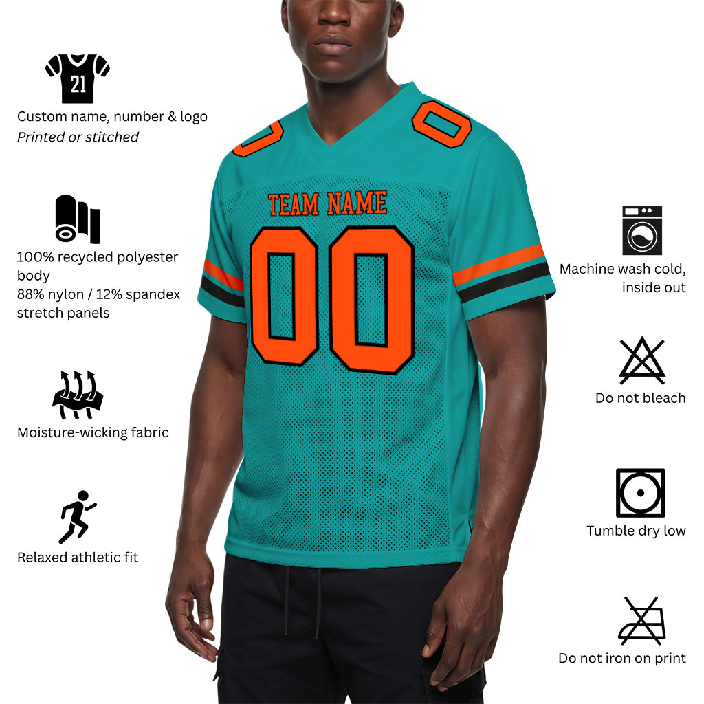 Custom Aqua Orange-Black Mesh Football Jersey