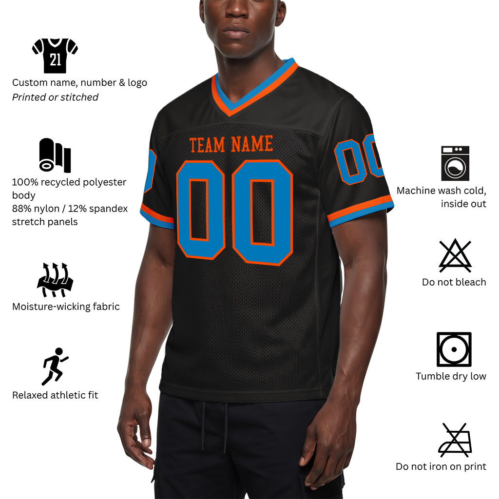 Custom Black Blue-Orange Mesh Throwback Mesh Football Jersey