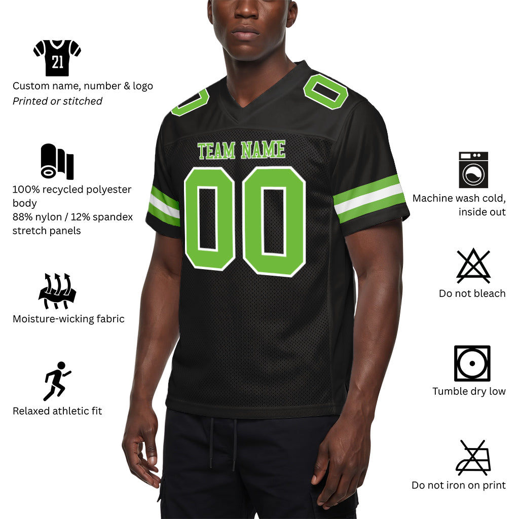 Custom Black Neon Green-White Custom Name Mesh Football Jersey