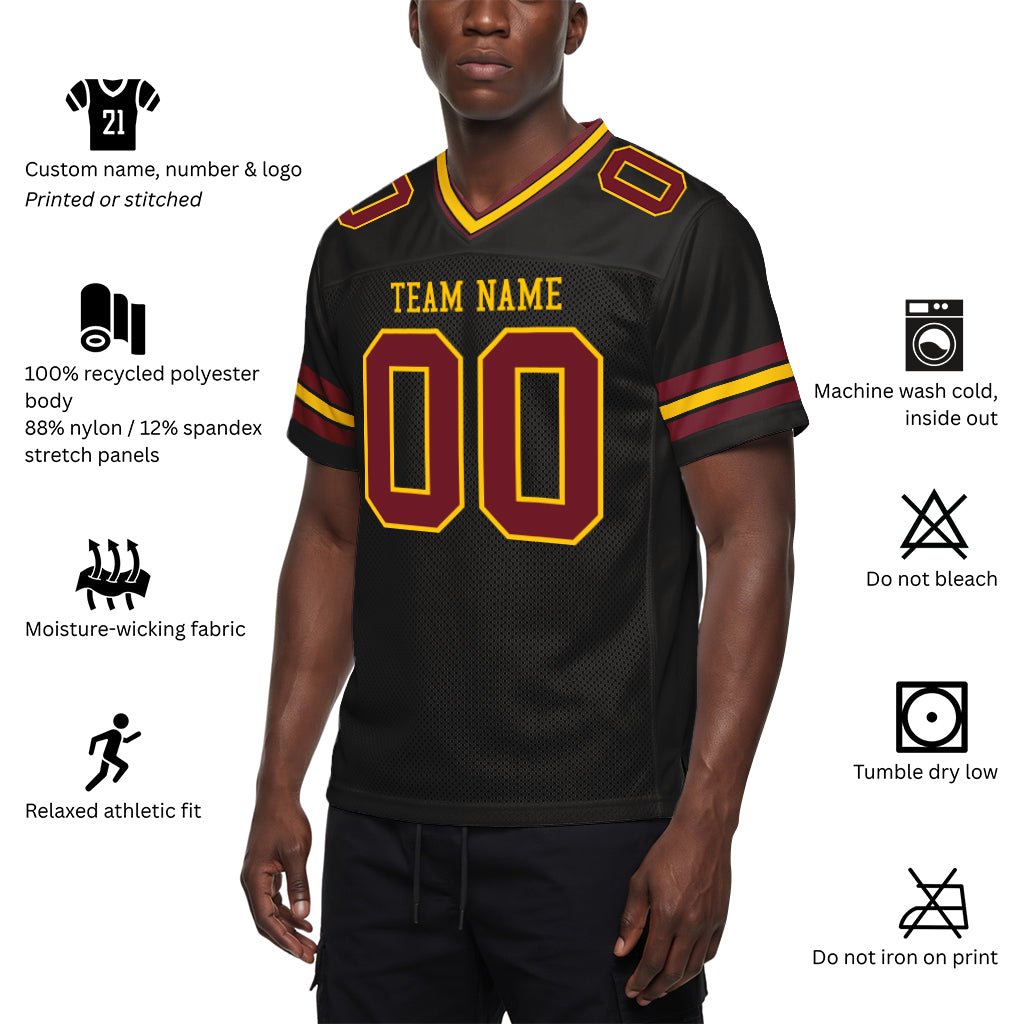 Custom Black Burgundy-Gold Mesh Football Jersey