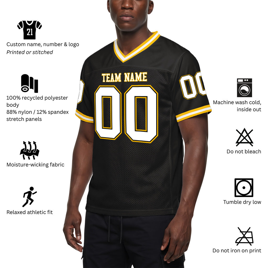 Custom Black White-Gold Mesh Throwback Mesh Football Jersey
