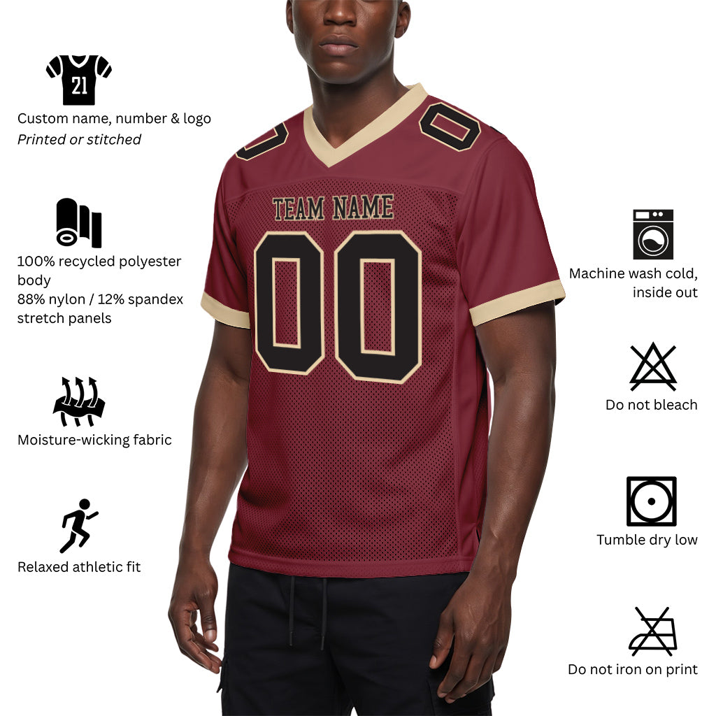 Custom Burgundy Black-Cream Mesh Football Jersey