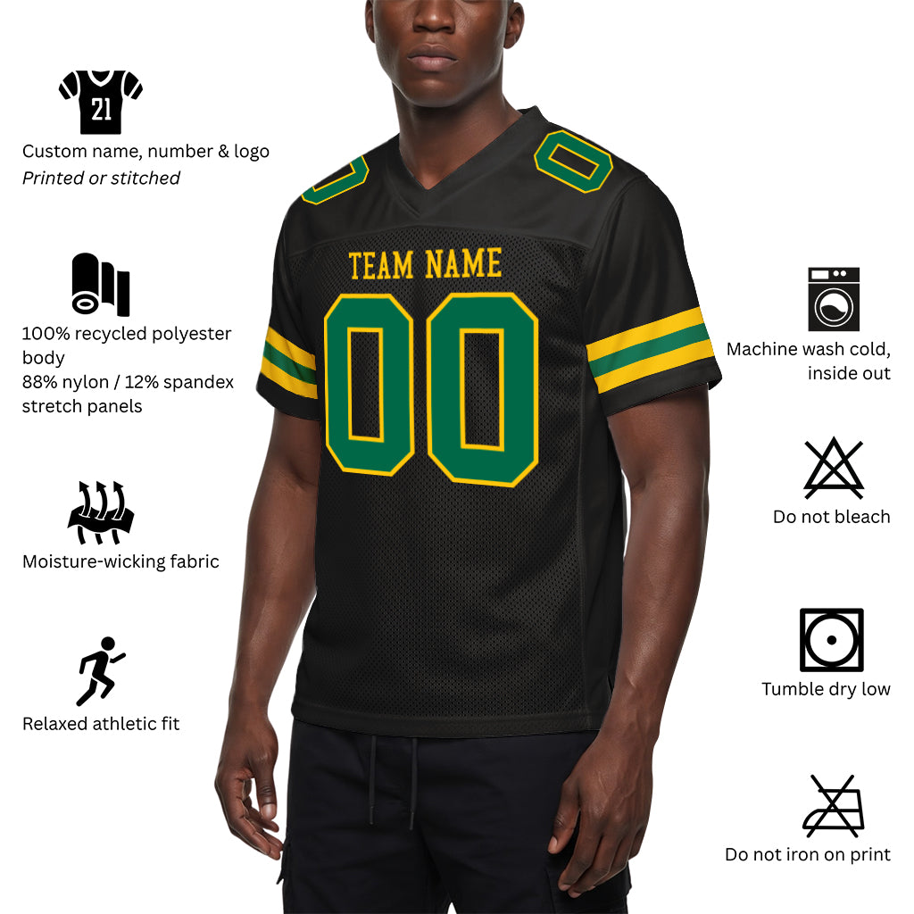 Custom Black Kelly Green-Yellow Custom Name Mesh Football Jersey