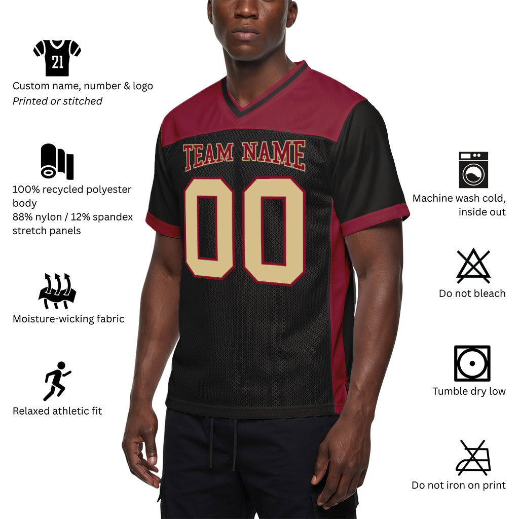 Custom Black Cream-Crimson Mesh Football Jersey