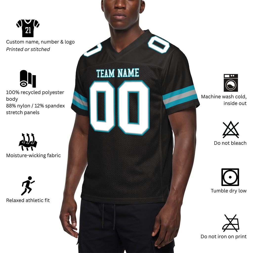 Custom Black White-Teal Mesh Football Jersey