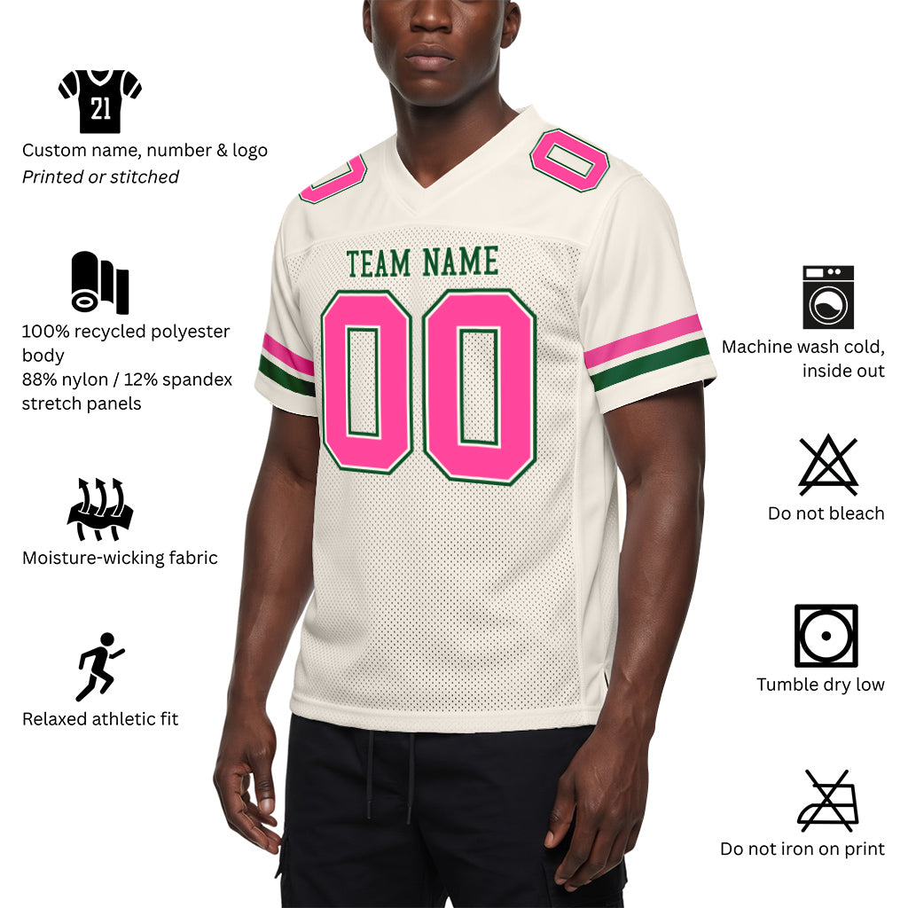 Custom Cream Pink-Kelly Green Mesh Football Jersey