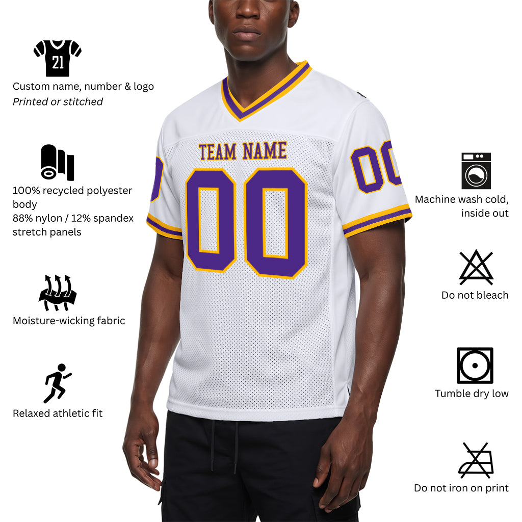 Custom White Purple-Gold Mesh Football Jersey