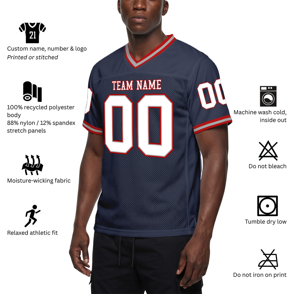 Custom Navy White-Red Mesh Football Jersey
